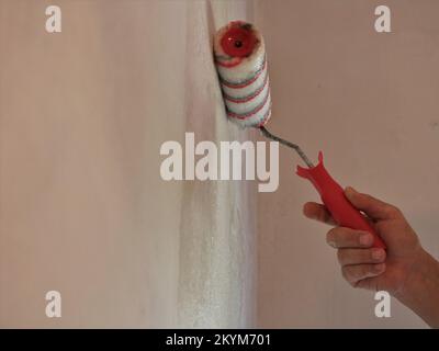 Renovierungsbanner mit rot-weiß gestreifter Rolle in männlicher Hand zum Aufbringen einer selbstklebenden Basis für Tapeten an der Wand, Platz für Text an der Wandtextur Stockfoto