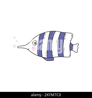 Hübsches, süßes, gestreiftes Fischlila. Unterwasserwelt. Vektorisolierte Illustration handgezeichnet Stock Vektor