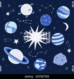 Planeten im Weltraum rund um die Sonne auf blauem Hintergrund des Universums. Sternbilder und Sternschnuppen, Halbmond. Vektordarstellung handgezeichnet d Stock Vektor