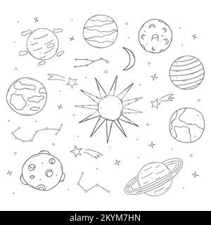 Planeten im Weltall um die Sonne im Universum. Sternbilder und Sternschnuppen, Halbmond. Von Hand gezeichnete schwarze und weiße Vektorgrafik Stock Vektor