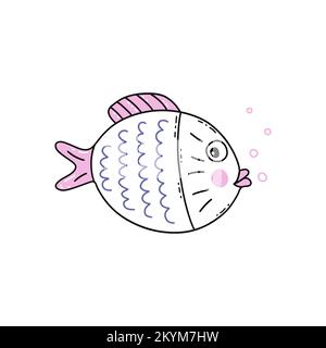 Lustige, runde Fische in Rosa und Lila. Unterwasserwelt. Vektor-isolierte Darstellung handgezeichnete Kritzelkontur Stock Vektor