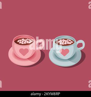 Zwei Tassen heiße Schokolade mit Marshmallows, blauer und rosafarbener Kakao mit pinkfarbenem Herzschmuck. Ich liebe Grußkarten, Vektorbilder, isolierte Designelemente Stock Vektor