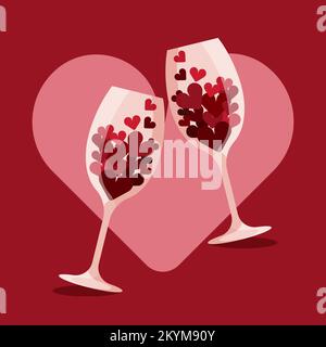 Zwei Weingläser mit Herzen. Viele kleine rote Herzen in zwei Weingläsern. Valentinstag-Konzept. Vektorgrafik Stock Vektor
