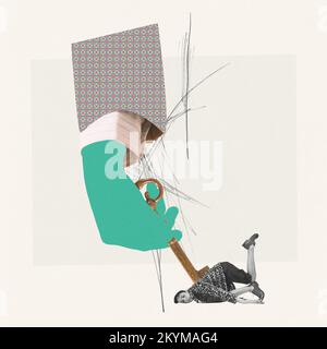 Collage für zeitgenössische Kunst. Kreatives Design. Illusionshand, die Schlüssel in den verzweifelten Mann steckt, ihm Unterstützung und Lebenskraft gibt Stockfoto