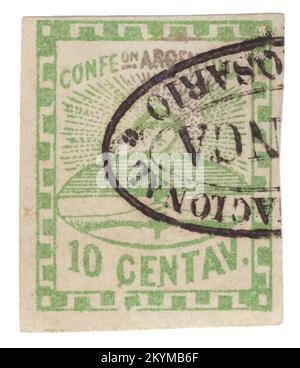 ARGENTINIEN - 1858. Mai 1: 10 Centavos grüner Briefmarken mit dem Wappen. Symbolisch für den argentinischen Bund, den letzten Vorgängerstaat des modernen Argentiniens; sein Name ist nach wie vor einer der offiziellen Namen des Landes gemäß der argentinischen Verfassung. Es war der Name des Landes von 1831 bis 1852, als die Provinzen als Konföderation ohne Staatsoberhaupt organisiert wurden. Der Gouverneur der Provinz Buenos Aires (Juan Manuel de Rosas während des größten Teils des Zeitraums) verwaltete in dieser Zeit die Außenbeziehungen Stockfoto