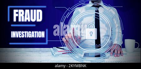 Textzeichen mit Betrugsuntersuchung. Internet-Konzept zur Feststellung, ob ein Betrug stattgefunden hat Stockfoto