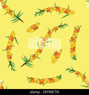 Sanddorn-Nahtloses Muster. Zweige mit Beeren und Blättern. Schablone mit orangen frischen Beeren für Tapete, Stoff, Verpackung. Stock Vektor