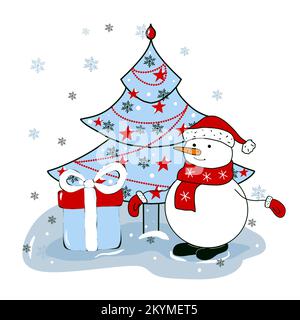 Schneemann mit Weihnachtsbaum und Geschenken. Design für Weihnachtskarte oder Einladungsvorlage. Abbildung, flache Ausführung Stockfoto