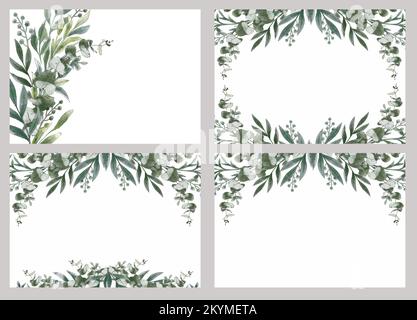 Vorlage mit Aquarell- und Blumenmuster. Grünblätter und Äste. Design-Element für Hochzeitseinladungen und Grußkarten. Stockfoto