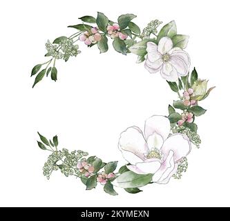 Blumenkranz aus grünen Zweigen und Blättern. Design-Elemente mit Blumenmuster. Handgezeichnete Aquarelle für Hochzeitseinladungen und Grußkarten. Stockfoto