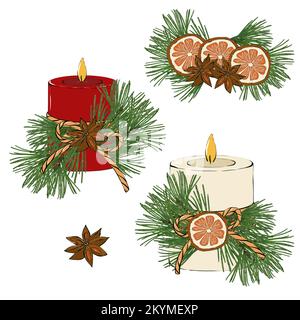 Weihnachtskerze, klassische Winterdekoration. Isoliert auf weißem Hintergrund. Handgemalte Illustration. Stockfoto