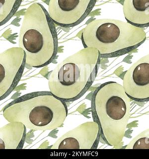 Avocado-Muster, wasserfarbenes Gemüse, nahtloses Design für Sammelalbum, Stoff und Verpackung Stockfoto
