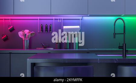 Moderne Küche mit farbigen LED-Lichtern bei Nacht Stockfoto