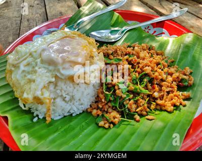 Berühmte thailändische folkloristische Küche, Reis garniert mit gebratenem Schweinefleisch und Basilikum Stockfoto