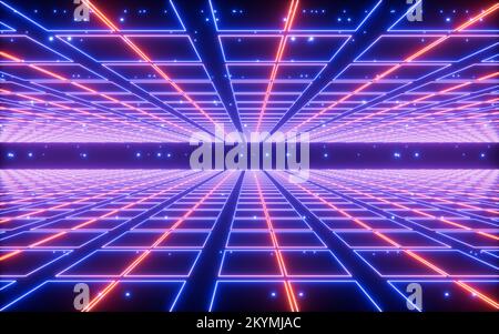 Leuchtende Neonlinien und Gitter, Neonhintergrund, 3D-Rendering. Digitale Zeichnung. Stockfoto
