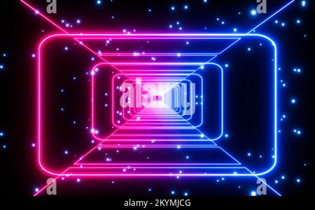 Leuchtender Neon-Tunnelhintergrund, 3D-Rendering. Digitale Zeichnung. Stockfoto
