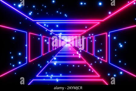 Leuchtender Neon-Tunnelhintergrund, 3D-Rendering. Digitale Zeichnung. Stockfoto