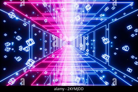 Leuchtende Würfel und Neonlinien, Neontunnel und Materialien, 3D-Rendering. Digitale Zeichnung. Stockfoto