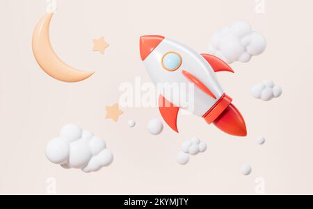 Cartoon-Rakete startet und Mond auf gelbem Hintergrund, 3D-Rendering. Digitale Zeichnung. Stockfoto