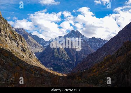 Das enge Tal, das bis zur Sommersiedlung La Bérarde im Nationalpark Ecrins, den französischen Alpen, Frankreich, führt Stockfoto