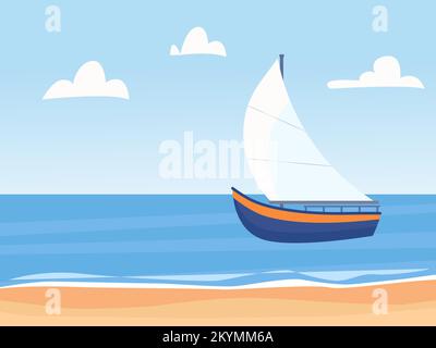 Seascape mit Segelboot und Strand. Horizontaler Hintergrund. Vektordarstellung in flacher Form Stock Vektor