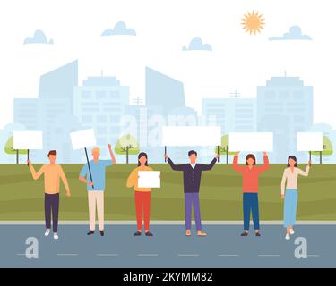 Protest gegen Leute mit Plakat im Hintergrund der Stadt. Die Menge protestiert auf Demonstrationen. Abbildung eines flachen Vektors. Stock Vektor