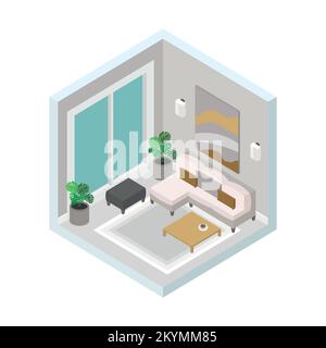 Isometrische Vektordarstellung, modernes Wohnzimmerdesign mit Innenelementen, Möbeln Stock Vektor