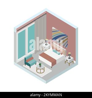 Isometrische Vektordarstellung, modernes Schlafzimmerdesign mit Innenelementen, Möbeln Stock Vektor