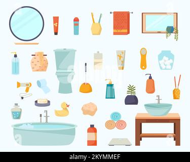 Set mit Badezimmerelementen. Vector-Cartoon-Möbel und -Accessoires für das Badezimmer. Stock Vektor