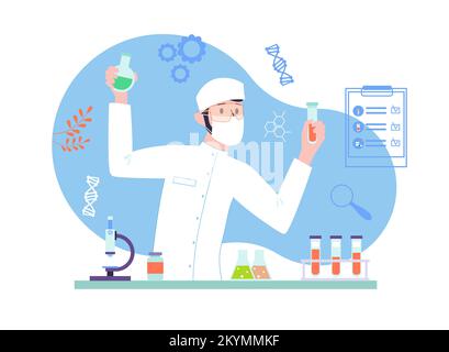 Männlicher Wissenschaftler, der eine medizinische Forschung im Labor durchführt. Biochemische Analyse mit Wissenschaftsgeräten. Vektordarstellung in flacher Form Stock Vektor
