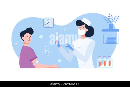 Eine Ärztin in weißer medizinischer Uniform nimmt Bluttests von einem Patienten und hält eine Spritze und ein Reagenzglas in seinen Händen. Abbildung eines flachen Vektors. Stock Vektor