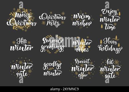 Winterweihnachtsset. Weihnachtszettel. Kalligraphisches Schriftdesign. Typografie für Postkarten, Poster und Banner. Vektordarstellung Stock Vektor