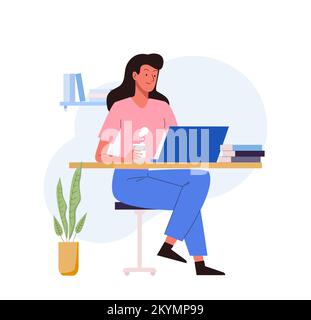 Frau studiert online am Computer. Online-Schulungskonzept. E-Learning durch Webinar-Schulung. Studentenfigur zu Hause Stock Vektor