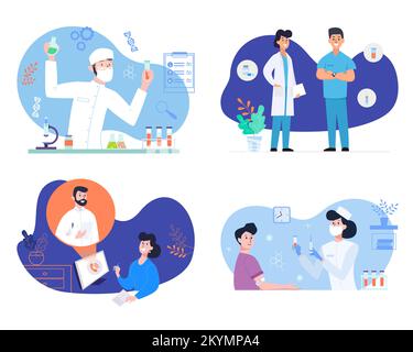 ILLUSTRATIONSSATZ für medizinische Versorgungskonzepte. Arzt und Patienten. Medizinische Forschung im Labor Stock Vektor