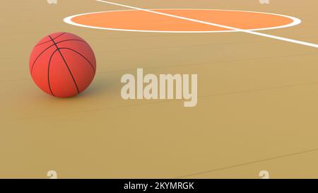 3D-Rendering – ein Basketball liegt auf einem Basketballfeld. Stockfoto