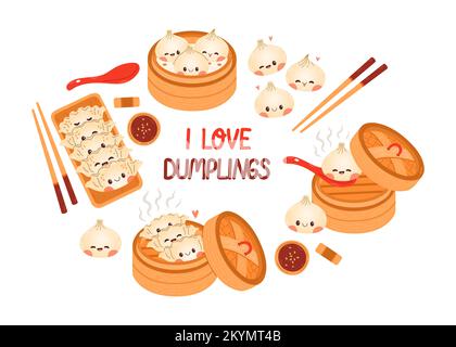 Vektorzeichnung von Teigtaschen und Gyoza-Set. Traditionelle japanische Knödel mit lustigen lächelnden Gesichtern. Kawaii-asiatischer Nahrungsvektor Stock Vektor