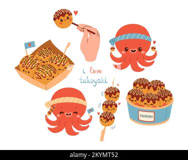 Takoyaki-Vektorset, asiatisches Essen. Süßes Takoyaki auf weißem Hintergrund. Geben Sie Platz für Text frei. Stock Vektor