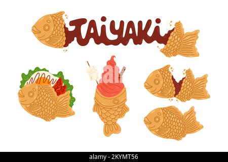 Japanisches Taiyaki-Backwaren-Set. Fischförmiger Kuchen mit roter Bohnenfüllung. Japanisches Street Food. Cartoon-Vektordarstellung. Stock Vektor