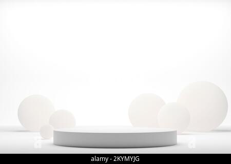 Realistische weiße 3D-Rendering-Plattform für die Produktanzeige mit Kugeln. Stockfoto