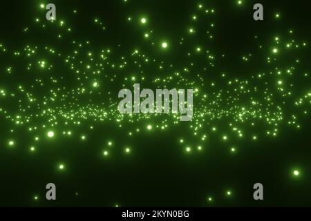 Abstrakte fliegende grüne Lichtpartikel auf schwarzem Hintergrund Stockfoto