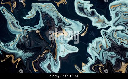 Luxuriöser abstrakter Acrylhintergrund aus Marmor. Nahaufnahme der schwarzen, türkisfarbenen und glänzenden goldenen Alkoholtinte. Trendige horizontale Tapete. Achat Stockfoto