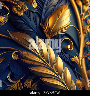 Digital erzeugte Art déco-Dekorelemente in Blau und Gold. Blätter. Stockfoto