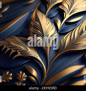 Digital erzeugte Art déco-Dekorelemente in Blau und Gold. Blätter. Stockfoto