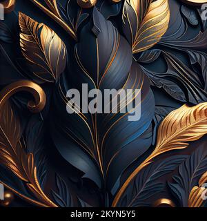 Digital erzeugte Art déco-Dekorelemente in Blau und Gold. Blätter. Stockfoto