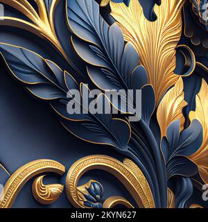 Digital erzeugte Art déco-Dekorelemente in Blau und Gold. Blätter. Stockfoto