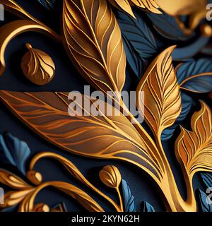 Digital erzeugte Art déco-Dekorelemente in Blau und Gold. Blätter. Stockfoto