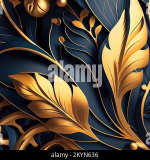 Digital erzeugte Art déco-Dekorelemente in Blau und Gold. Blätter. Stockfoto