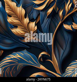 Digital erzeugte Art déco-Dekorelemente in Blau und Gold. Blätter. Stockfoto