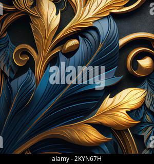 Digital erzeugte Art déco-Dekorelemente in Blau und Gold. Blätter. Stockfoto