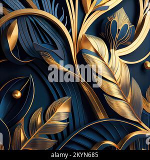 Digital erzeugte Art déco-Dekorelemente in Blau und Gold. Blätter. Stockfoto